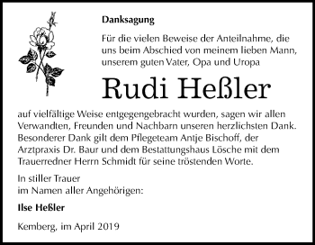 Traueranzeige von Rudi Heßler von WVG - Wochenspiegel Wittenberg