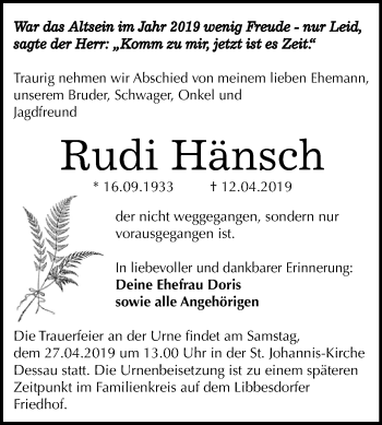 Traueranzeige von Rudi Hänsch von WVG - Wochenspiegel Dessau / Köthen
