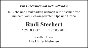 Traueranzeige von Rudi Stechert von WVG - Wochenspiegel Dessau / Köthen