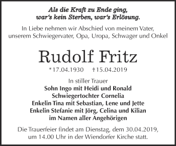 Traueranzeige von Rudolf Fritz von Super Sonntag Bernburg