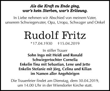 Traueranzeige von Rudolf Fritz von Mitteldeutsche Zeitung Bernburg