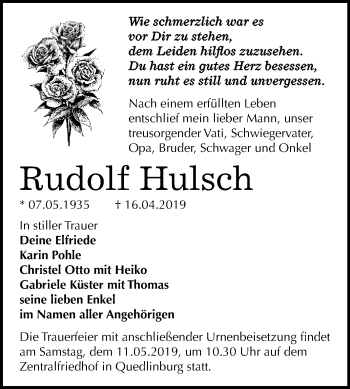 Traueranzeige von Rudolf Hulsch von WVG - Wochenspiegel Quedlinburg