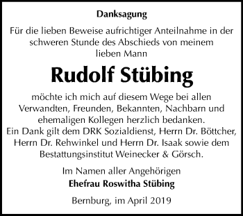 Traueranzeige von Rudolf Stübing von Mitteldeutsche Zeitung