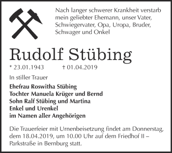 Traueranzeige von Rudolf Stübing von Super Sonntag Bernburg