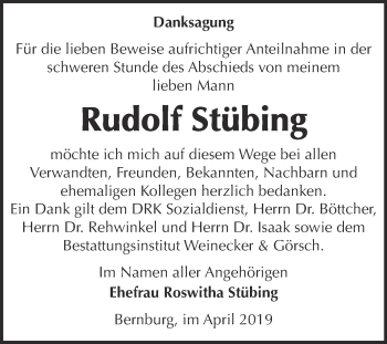 Traueranzeige von Rudolf Stübing von Super Sonntag Bernburg