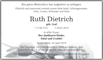 Traueranzeige von Ruth Dietrich von Super Sonntag SGH Mansf. Land