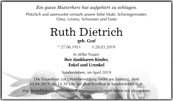 Traueranzeige von Ruth Dietrich von Mitteldeutsche Zeitung Aschersleben