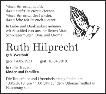 Traueranzeige von Ruth Hilprecht von WVG - Wochenspiegel NMB / WSF / ZTZ
