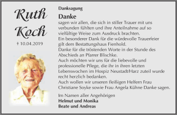Traueranzeige von Ruth Koch von Super Sonntag SGH Mansf. Land