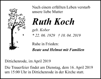 Traueranzeige von Ruth Koch von Mitteldeutsche Zeitung Sangerhausen