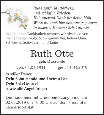 Traueranzeige von Ruth Otte von WVG - Wochenspiegel Bitterfeld