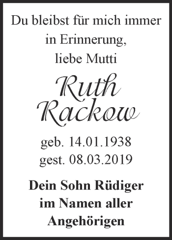 Traueranzeige von Ruth Rackow von WVG - Wochenspiegel NMB / WSF / ZTZ