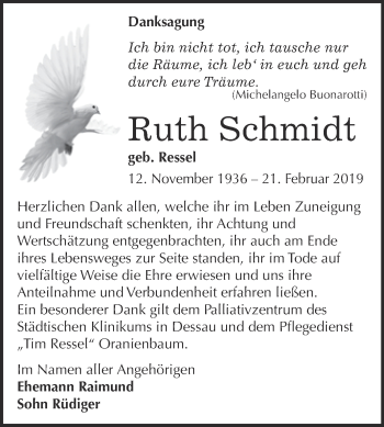 Traueranzeige von Ruth Schmidt von WVG - Wochenspiegel Dessau / Köthen