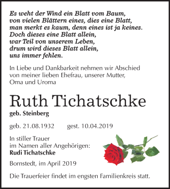 Traueranzeige von Ruth Tichatschke von Mitteldeutsche Zeitung