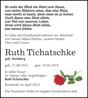 Traueranzeige von Ruth Tichatschke von Super Sonntag SGH Mansf. Land