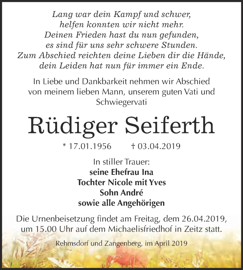  Traueranzeige für Rüdiger Seiferth vom 08.04.2019 aus WVG - Wochenspiegel NMB / WSF / ZTZ