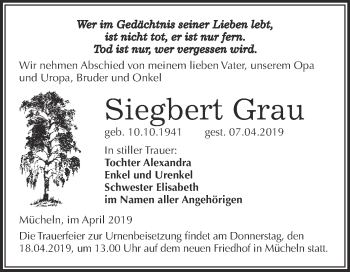 Traueranzeige von Siegbert Grau von WVG - Wochenspiegel Merseburg