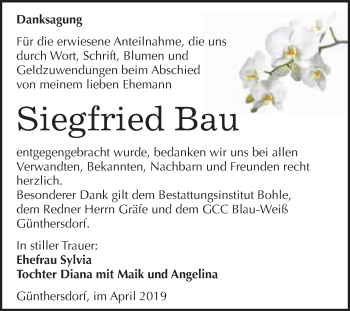 Traueranzeige von Siegfried Bau von WVG - Wochenspiegel Merseburg
