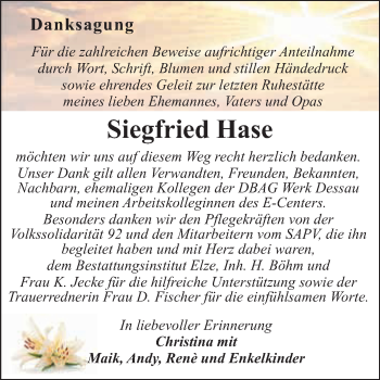 Traueranzeige von Siegfried Hase von WVG - Wochenspiegel Dessau / Köthen