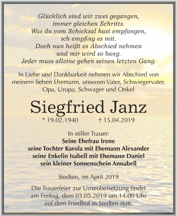 Traueranzeige von Siegfried Janz von Mitteldeutsche Zeitung Mansfelder Land