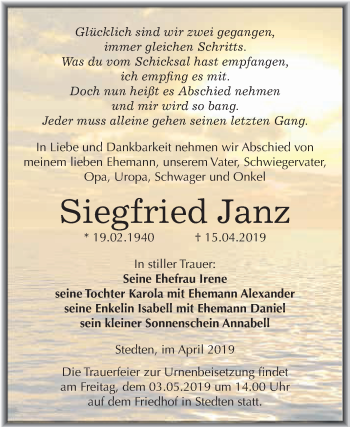 Traueranzeige von Siegfried Janz von Super Sonntag SGH Mansf. Land