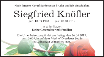 Traueranzeige von Siegfried Knöfler von Mitteldeutsche Zeitung