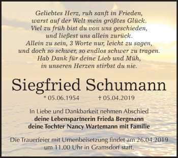 Traueranzeige von Siegfried Schumann von Mitteldeutsche Zeitung Bernburg