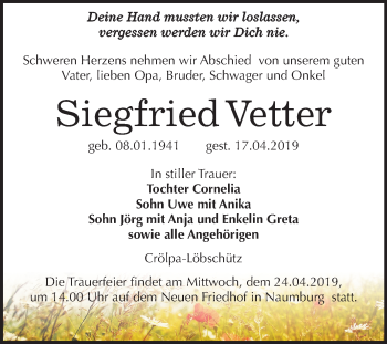 Traueranzeige von Siegfried Vetter von Mitteldeutsche Zeitung Naumburg/Nebra