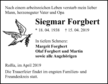 Traueranzeige von Siegmar Forgbert von WVG - Wochenspiegel SGH