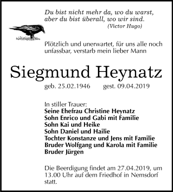 Traueranzeige von Siegmund Heynatz von WVG - Wochenspiegel Merseburg