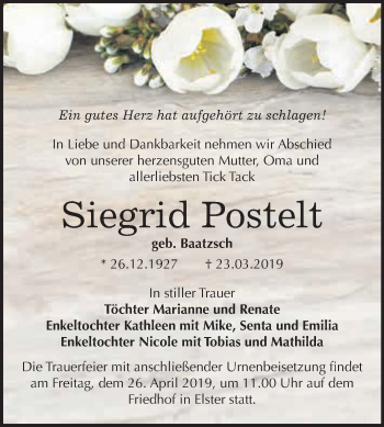 Traueranzeige von Siegrid Postelt von WVG - Wochenspiegel Wittenberg
