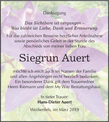 Traueranzeige von Siegrun Auert von WVG - Wochenspiegel NMB / WSF / ZTZ