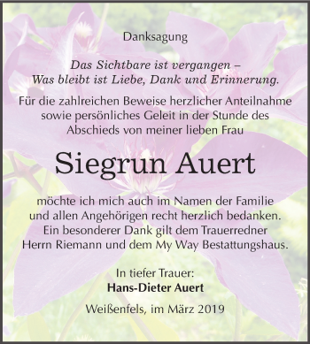 Traueranzeige von Siegrun Auert von Mitteldeutsche Zeitung Weißenfels