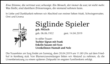 Traueranzeige von Siglinde Spieler von Mitteldeutsche Zeitung