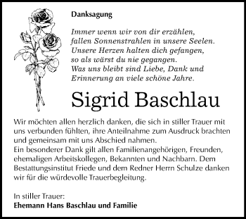 Traueranzeige von Sigrid Baschlau von WVG - Wochenspiegel Dessau / Köthen