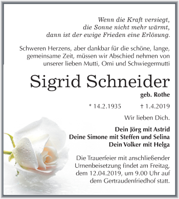 Traueranzeige von Sigrid Schneider von Mitteldeutsche Zeitung Halle/Saalkreis