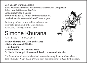 Traueranzeige von Simone Khurana von Super Sonntag Quedlinburg