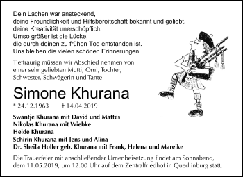 Traueranzeige von Simone Khurana von Mitteldeutsche Zeitung Quedlinburg