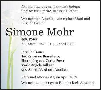Traueranzeige von Simone Mohr von Mitteldeutsche Zeitung