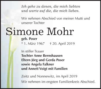 Traueranzeige von Simone Mohr von WVG - Wochenspiegel NMB / WSF / ZTZ