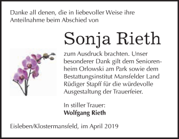 Traueranzeige von Sonja Rieth von Wochenspiegel Mansfelder Land