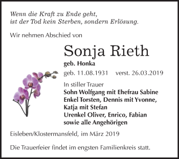 Traueranzeige von Sonja Rieth von Mitteldeutsche Zeitung Mansfelder Land