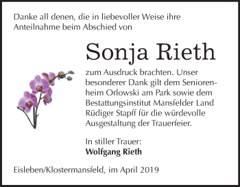 Traueranzeige von Sonja Rieth von Mitteldeutsche Zeitung Mansfelder Land