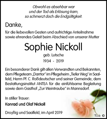 Traueranzeige von Sophie Nickoll von WVG - Wochenspiegel NMB / WSF / ZTZ