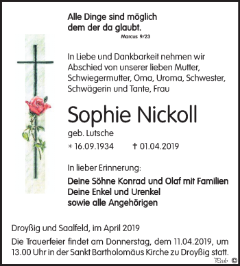 Traueranzeige von Sophie Nickoll von Mitteldeutsche Zeitung Zeitz