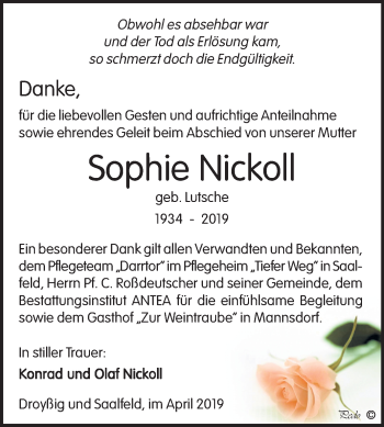 Traueranzeige von Sophie Nickoll von Mitteldeutsche Zeitung Zeitz