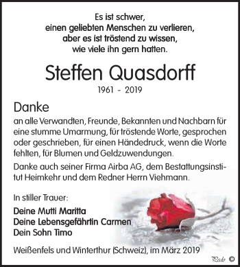 Traueranzeige von Steffen Quasdorff von WVG - Wochenspiegel NMB / WSF / ZTZ