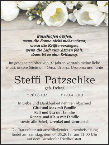 Traueranzeige von Steffi Patzschke von Super Sonntag Bernburg