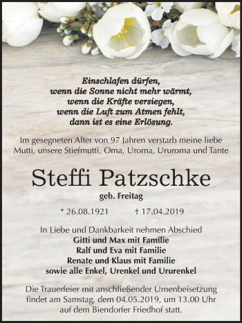 Traueranzeige von Steffi Patzschke von Mitteldeutsche Zeitung