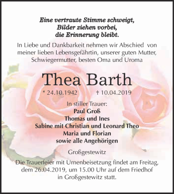 Traueranzeige von Thea Barth von WVG - Wochenspiegel NMB / WSF / ZTZ